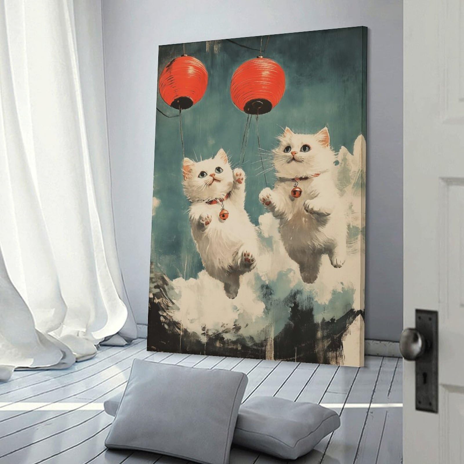 Junmoney Canvas Wall Picture Cats Flying with Lanterns, 20x30inch(50x75cm), for Bedroom Decor, Cosy Corners Or Studios, A Warm Accent for Relaxed Interiors