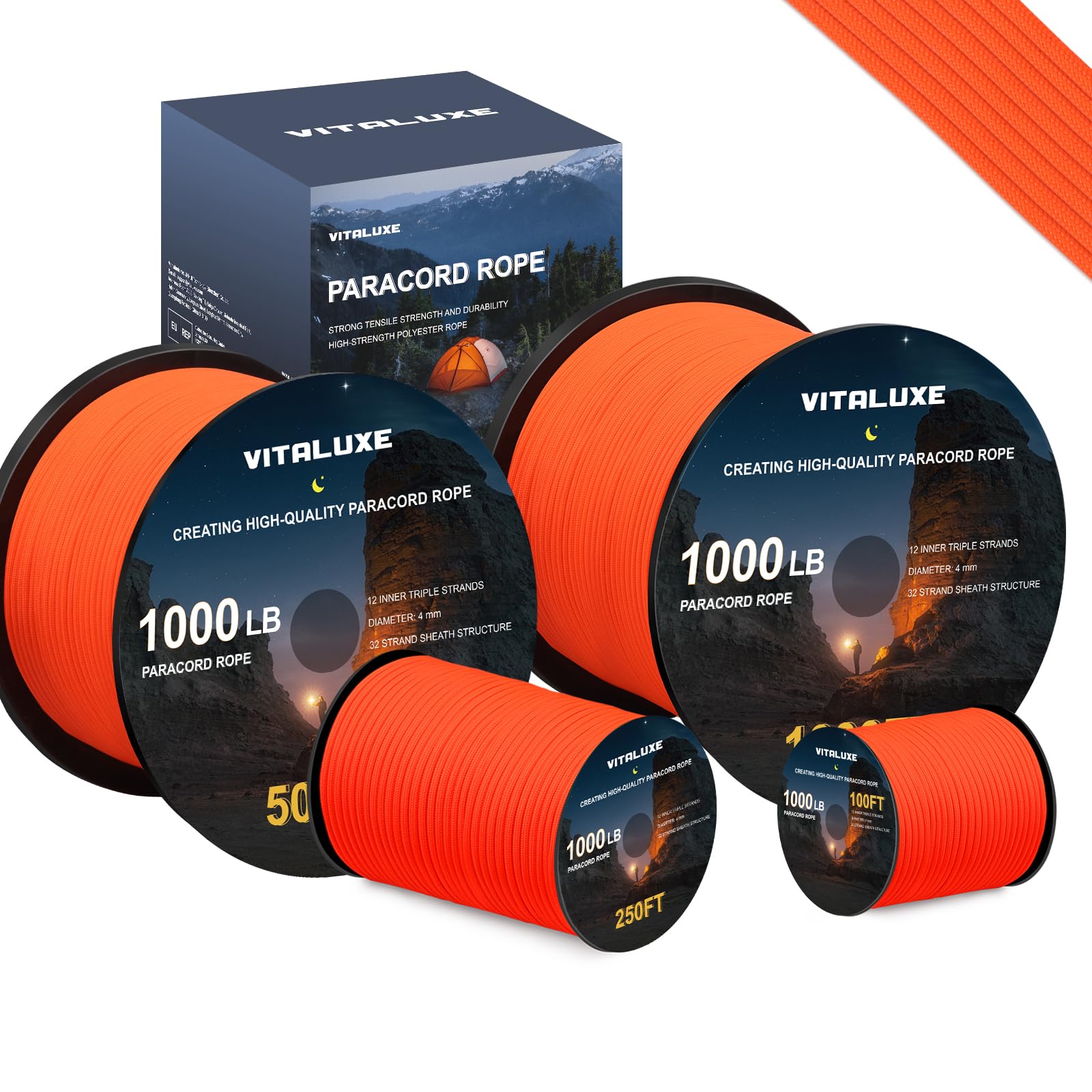 Corde de parachute tactique de 1004 kg avec 12 triples brins, équipement de survie robuste pour camping, randonnée, idéal pour bracelets, cordons, diamètre : 4 mm, orange
