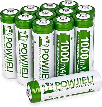 Ni-MH Rechargeable AA Batteries, 1.2V 1000mAh High Capacity Pre-Charged Double A Solar Battery for Garden Landscaping Solar Lights, String Lights, Sidewalk Pathway Lights (Pack of 12)
