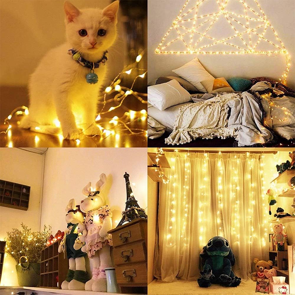 XINKAITE LED String Lights 66ft 200 LEDs Fairy Lights Plug in Extendable Waterproof Dimmable Outdoor/Indoor Starry Lights, Warm White Copper Wire String Lights with Remote for Wedding Garden Room
