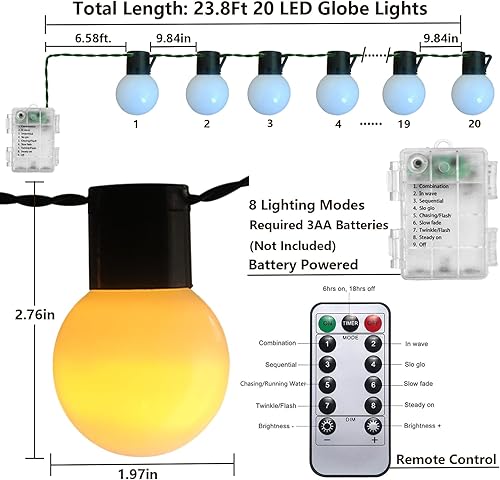 Miniatura 2 de Guirnalda de luces LED de 23.8 pies, funciona con pilas, 20 luces LED G50 Edison inastillables con temporizador remoto, luces de Navidad blancas
