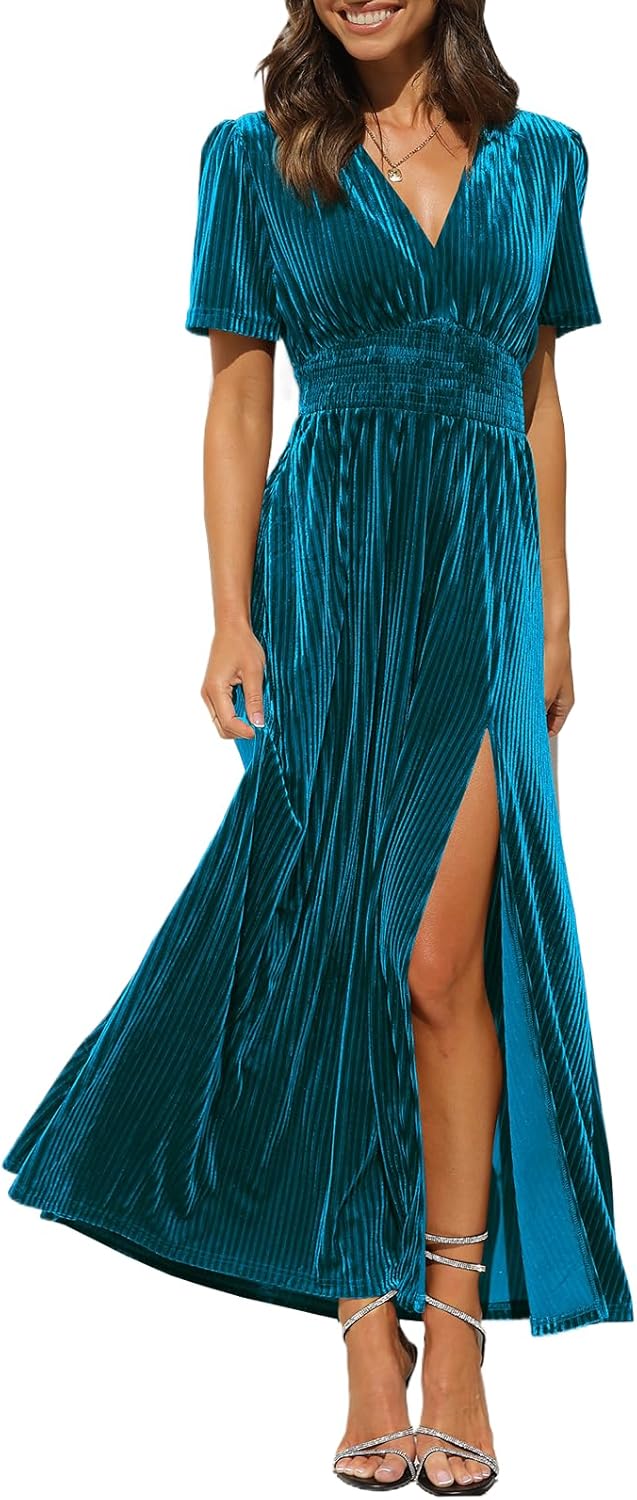 Sissyaki Women's Retro V-Neck Velvet Maxi Dress Wedding Guest Formal Party Long Dresses