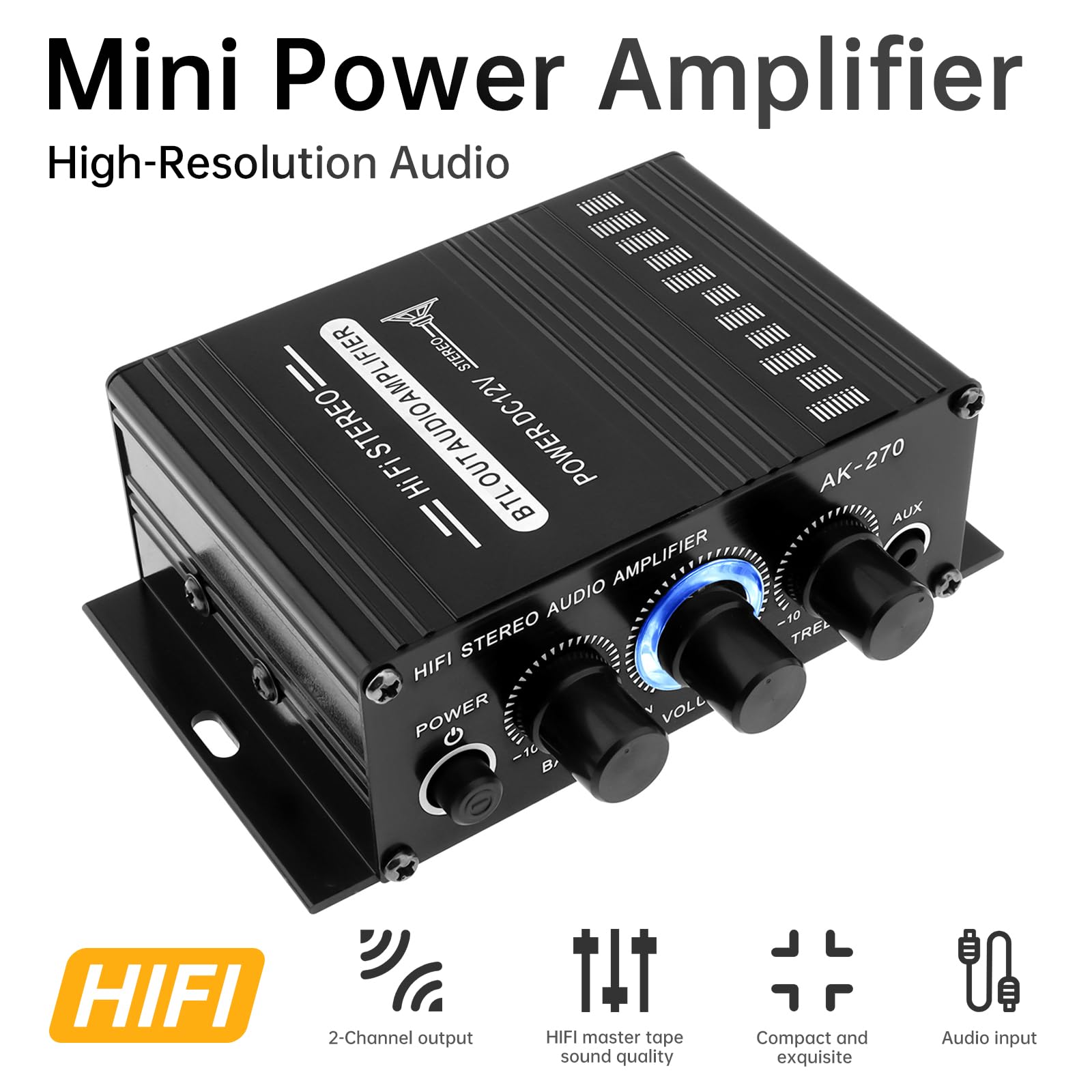 Amplificateur Audio, Ampli Hifi, Mini Amplificateur de Puissance 12V 2 Canaux, Classe D Stéréo avec Entrée AUX/USB/SD, pour Maison ou Voiture, Adaptateur Secteur Inclus