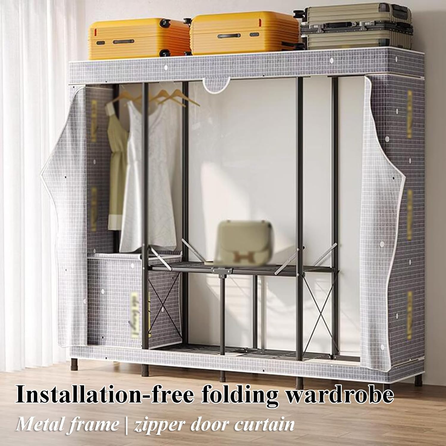 Folding Closet Metal Steel Clothes Closet with Cloth Cover and Hanging Rod Closets for Bedroom Portable Wardrobe Closet(A)