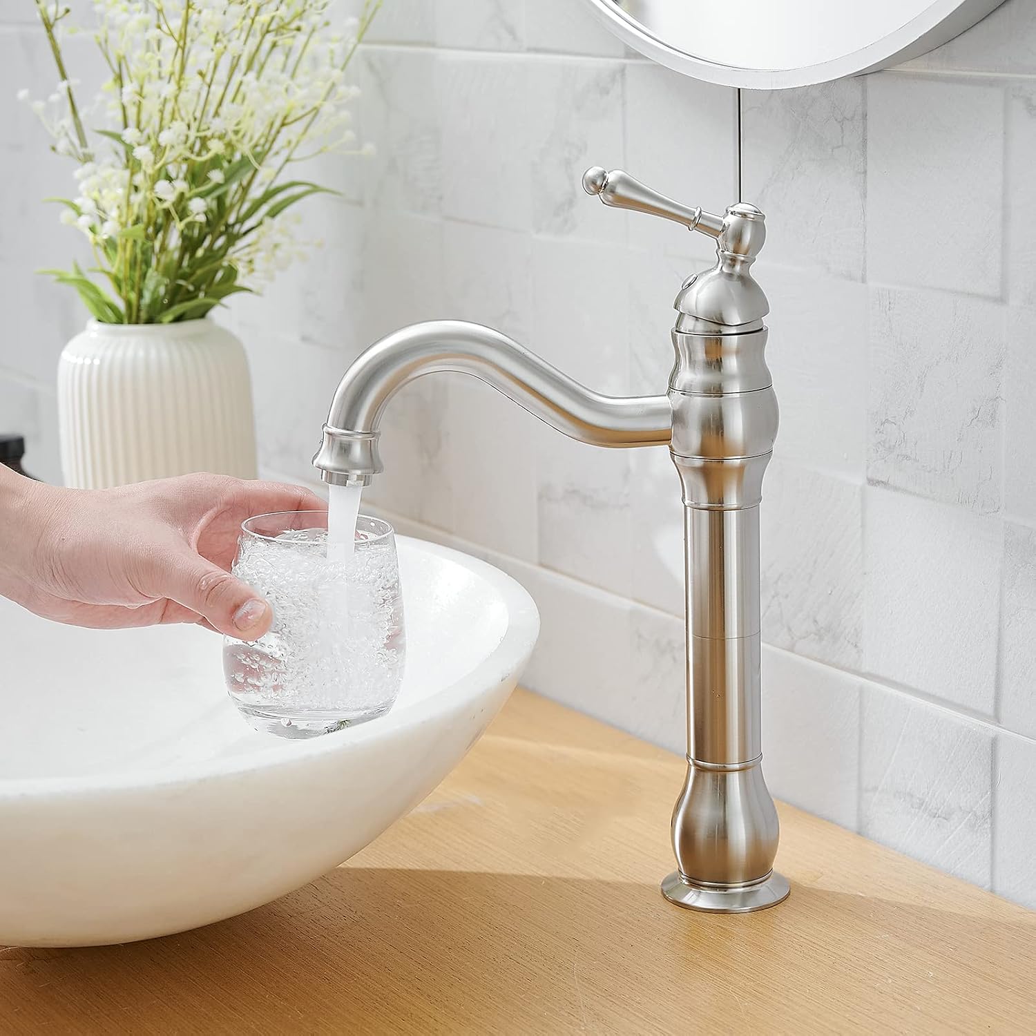 Brushed Nickel Vessel Sink Faucet 360° Swivel for Bathroom Single Hole Farmhouse Tall Commercial Vanity Matching Pop Up Drain Without Overflow