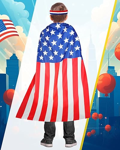 Miniatura 6 de Mepase 3 lentes de sol para niños del 4 de julio, trajes de capa de bandera de Estados Unidos, juego de diadema de color con bandera de Estados