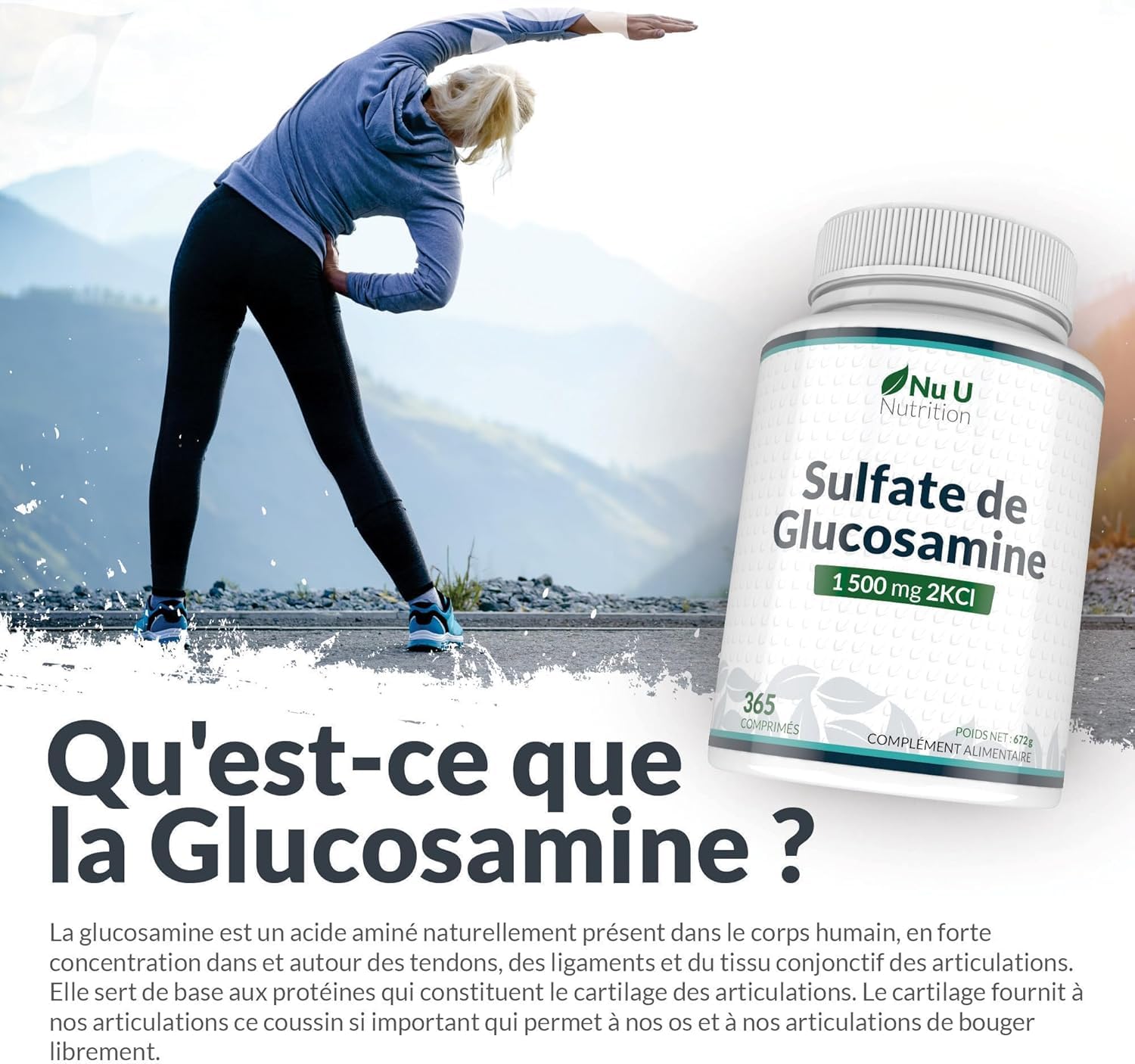 Glucosamine 1500 mg 2KCl - 365 Comprimés pour 1 An - Haute Puissance - Complément Alimentaire de Nu U Nutrition