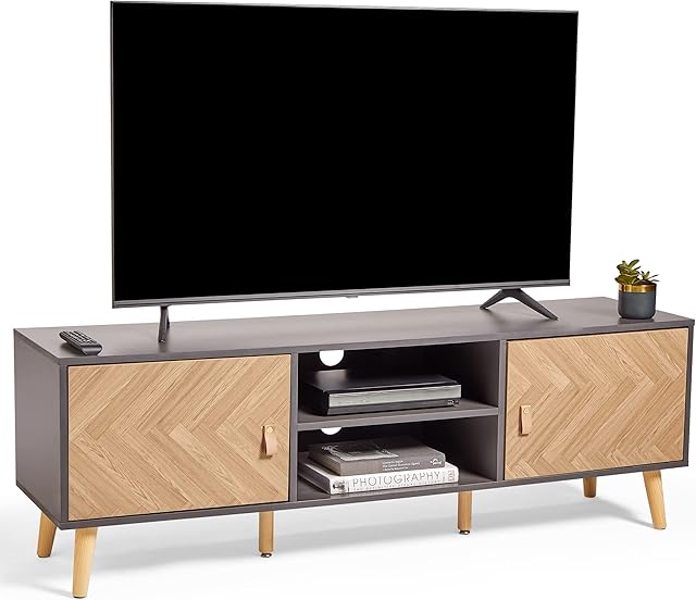 VonHaus Herringbone TV Unit  Grey & Wood Effect TV Cabinet For TV's up to 65" - Scandi Nordic Style Entertainment Unit w/Storage Cupboards, Shelving & Tapered Legs - 20kg Weight Capacity Living Room