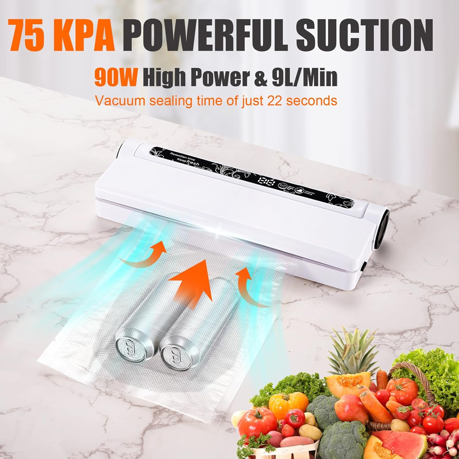Vacuum Sealer Machine for Food, 75KPA Strong Suction Fast-Compact Multi-Functional Food Sealer with 20 Food Vacuum Bags, Dry/Wet Modes Food Saver Vacuum Sealer Machine with Digital Countdown Timer - Image 4