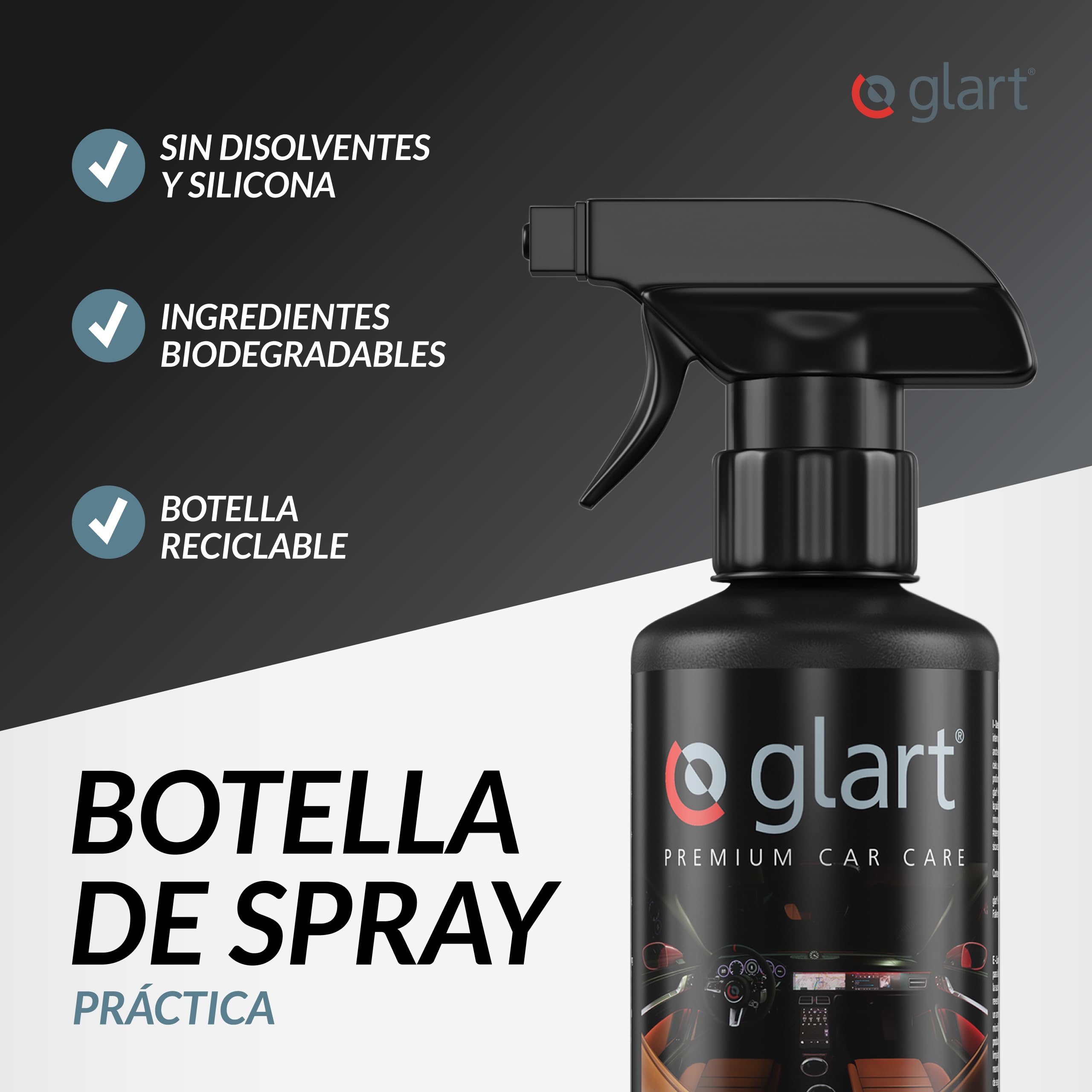 Glart 3x limpiador interior de coche 500 ml + 3 paños de microfibra para el habitáculo del coche, tapicería, cuero, limpiador interior, cuidado del coche