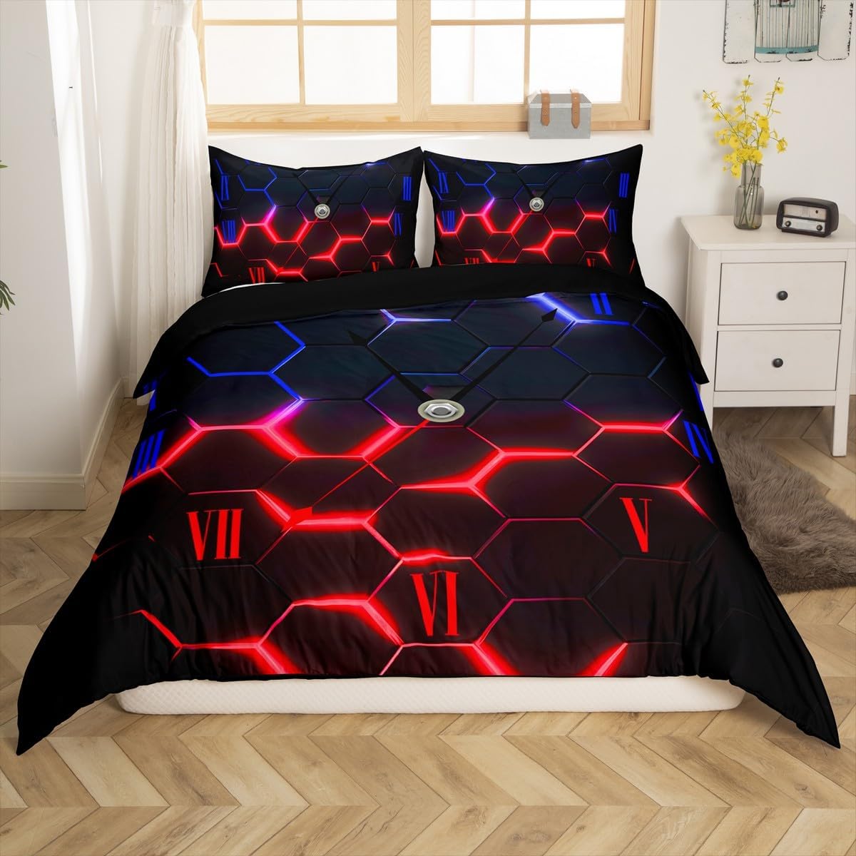 Honeycomb Comforter Covet Full Size,Red and Blue Neon Hexagon Geometric Duvet Cover Set with 2 Pillowcases,Abstract Clock Bedding Set for Boys Teens Bedroom Decor (No Comforter), Soft Polyester