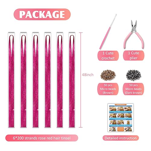 Miniatura 3 de Kit de oropel de cabello rojo rosa con herramientas e instrucciones (idioma español no garantizado) fácil de usar, 1200 hebras de 48 pulgadas,