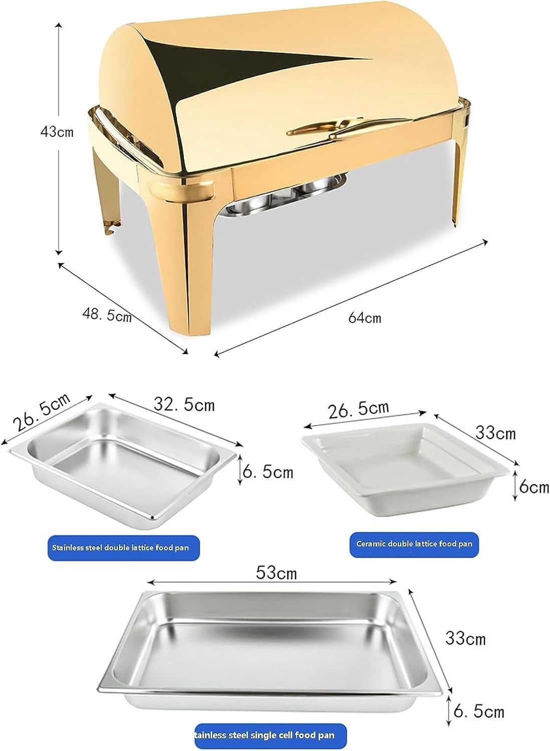 Buffet Server - Hot Pot Buffet Set, Round Heater with Stainless Steel Lid, Hot Plate, Cutlery Set with Fuel Holder, Server with Lid and Food Clip (Gold Plated Ceramics)