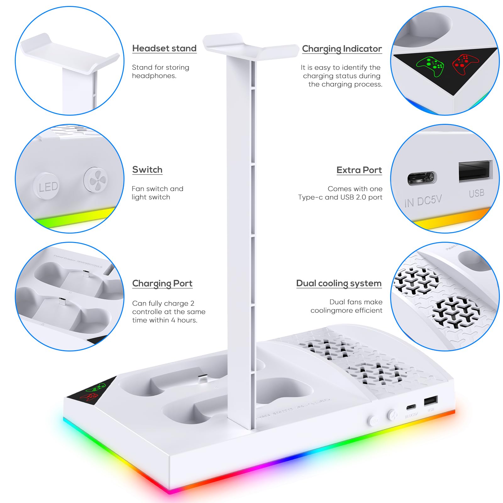 Gorixer Station de Charge pour Xbox Series S avec Ventilateur de Refroidissement, Batterie 2x1400 Mah pour Contrôleur, Accessoires avec 15 Modes d'éclairage LED, Crochet pour Casque, câble USB C