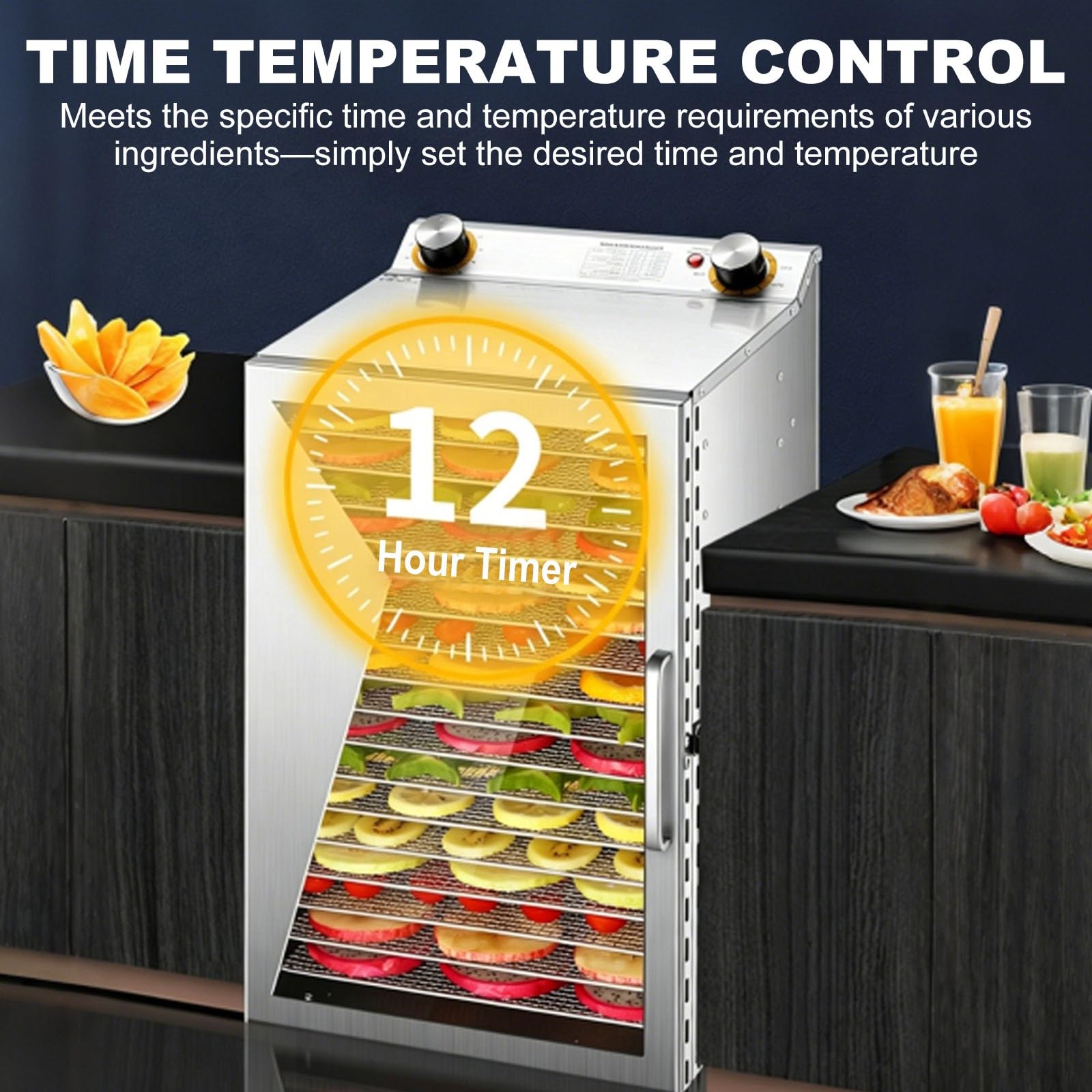 Deshidratador De Alimentos Comercial De Acero Inoxidable Para Deshidratar Cecina, Frutas, Especias, Carnes Y Verduras, Gran Capacidad, Con Temperatura Y Tiempo Ajustables(12 Tray)