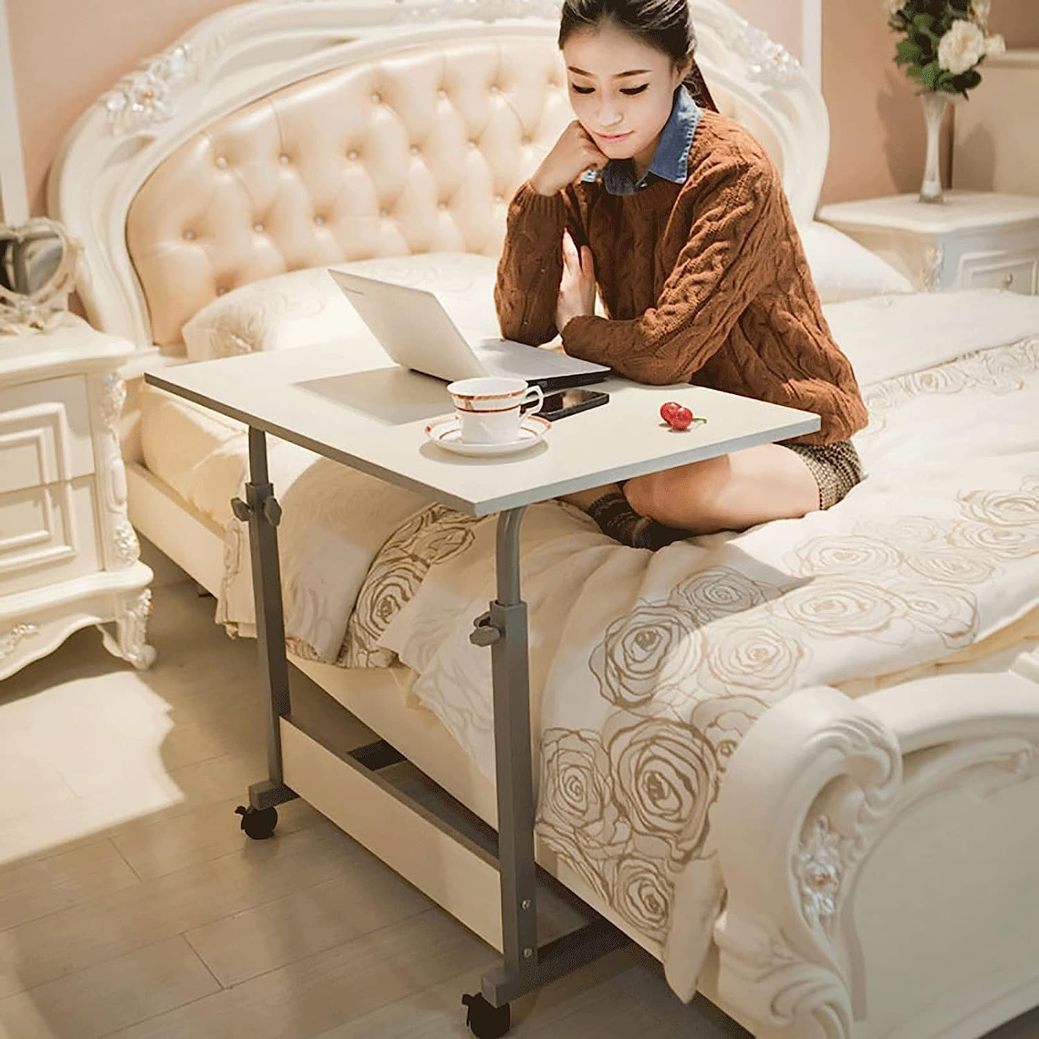 Overbed Table Height Adjustable Mobile Standing Desk Carbon Steel Bracket Laptop Desk with Wheels Rolling Overbed Bedside