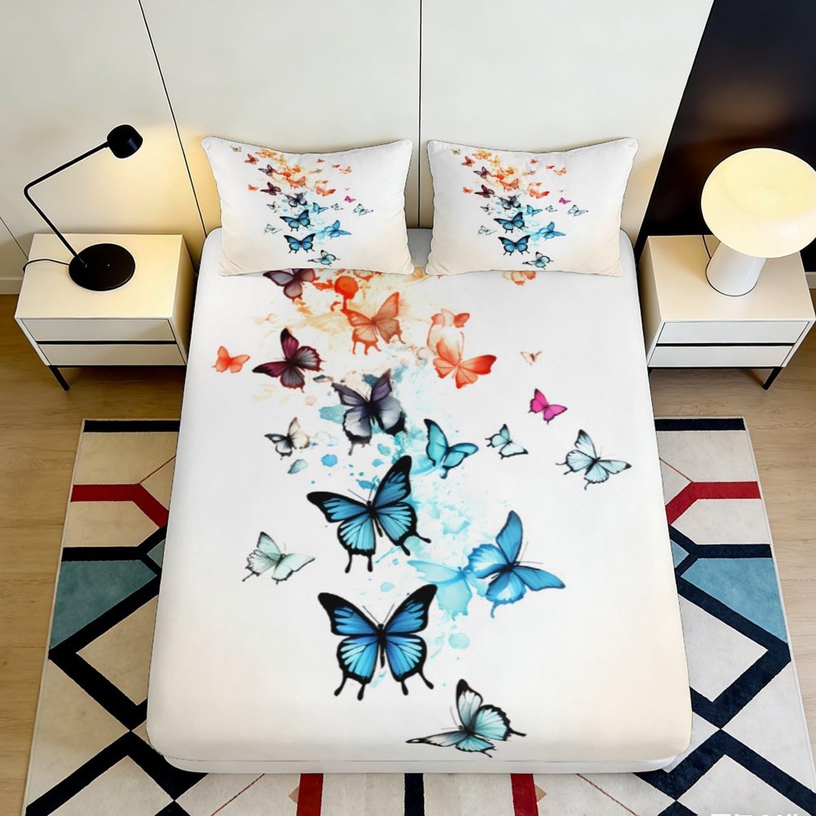 3D Printed Colorful Butterfly Fitted Sheet Microfiber Soft Mattress Cover for Bedroom Guestroom Dorm Anti-Slip Washable Decor 90x200x25cm