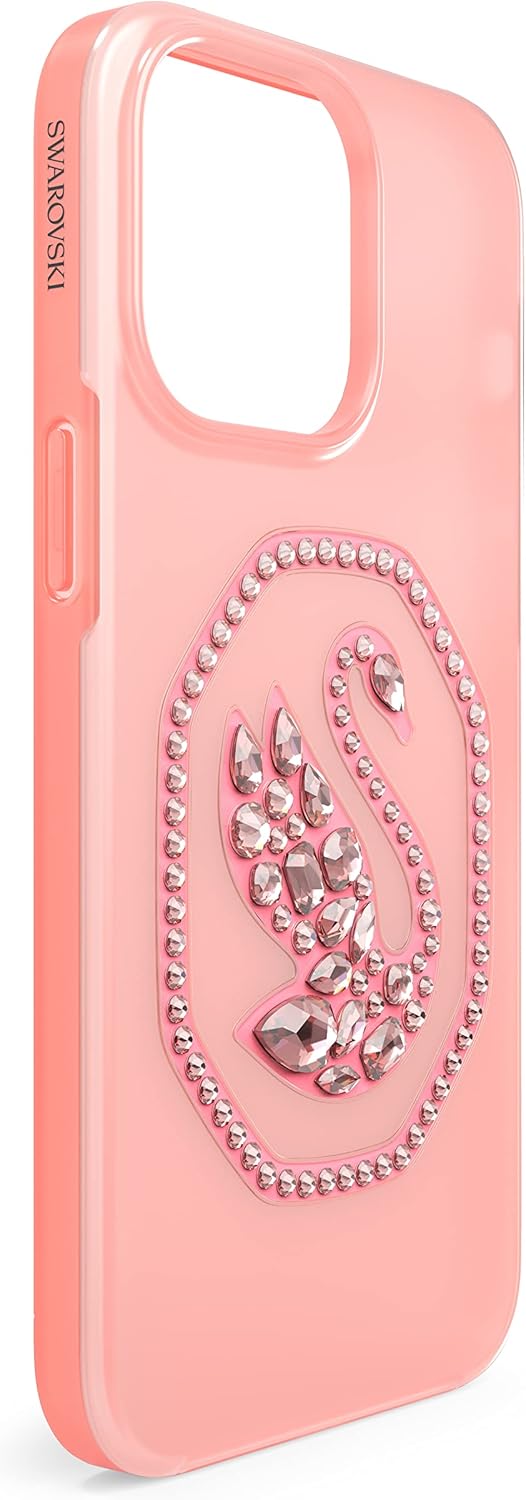 Swarovski Signum Phone Case for iPhone 14 Pro Max with Pink Crystals, Pink Background Swan Motif, Part of The Signum Collection