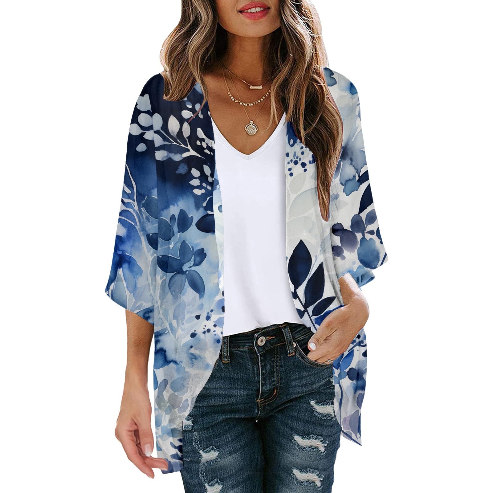 PAIDAXING Cárdigan de gasa para mujer, manga 3/4, para verano, playa, frente abierto, cárdigan tipo kimono ligero y transparente, blusa casual de playa