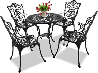 Centurion Supports TABREEZ Opulent Garden & Patio Table & 4 Large Chairs with Armrests Cast Aluminium Bistro Set - Black