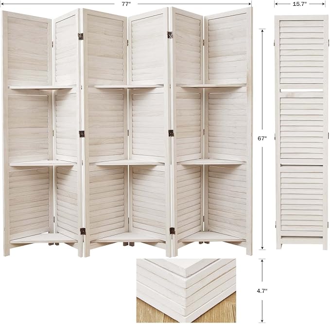 Biombo divisor de ambiente plegable de madera con tres estantes, 6 paneles, color blanco, 67 x 77 pulgadas miniatura 3