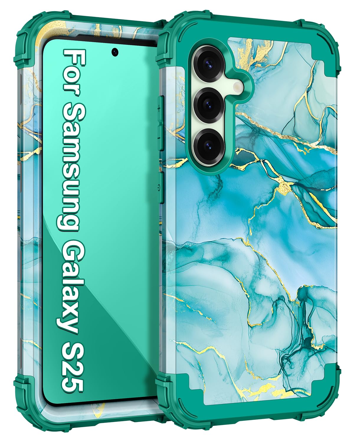Miqala Custodia per Galaxy S25 5G, a tre strati, resistente, antiurto, protezione completa in plastica rigida+custodia protettiva in silicone morbido per Samsung Galaxy S25 da 6,2 pollici, marmo verde