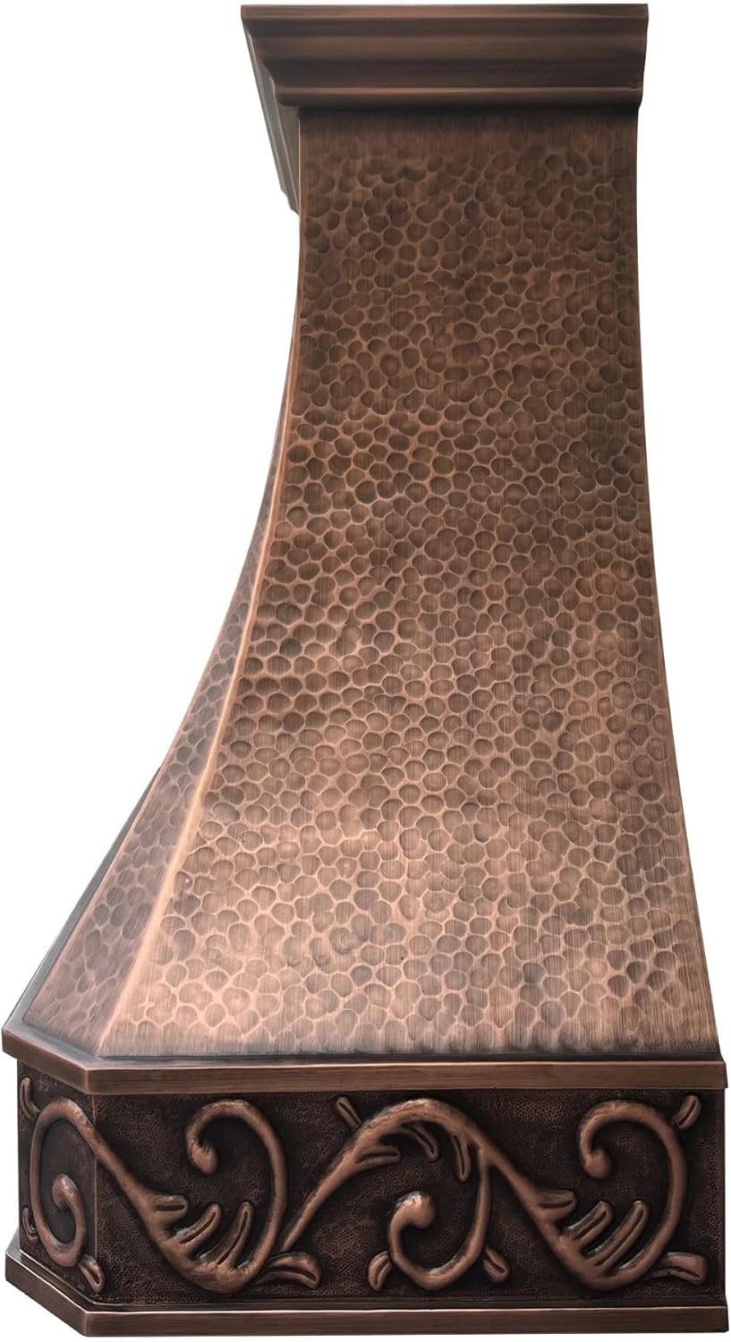 CT Copper Tailor Copper Vent Hood Island Mount,30.5'' W,27''H, 600 CFM Exhaust Fan,Stainless Steel Vent,LED Light,Dishwasher-Safe Baffle Filters,Light Hammered-Medium Patina,VH26-3ASC