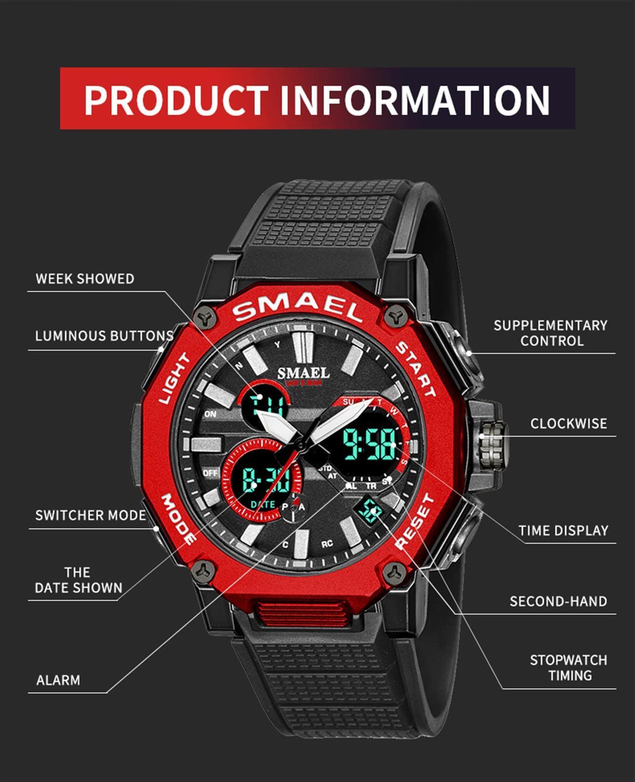 Montre Sport Homme Digital Numérique Étanche À 5ATM avec Chronographe Alarme LED Eclairage avec Compte À Lumineux/Minuterie