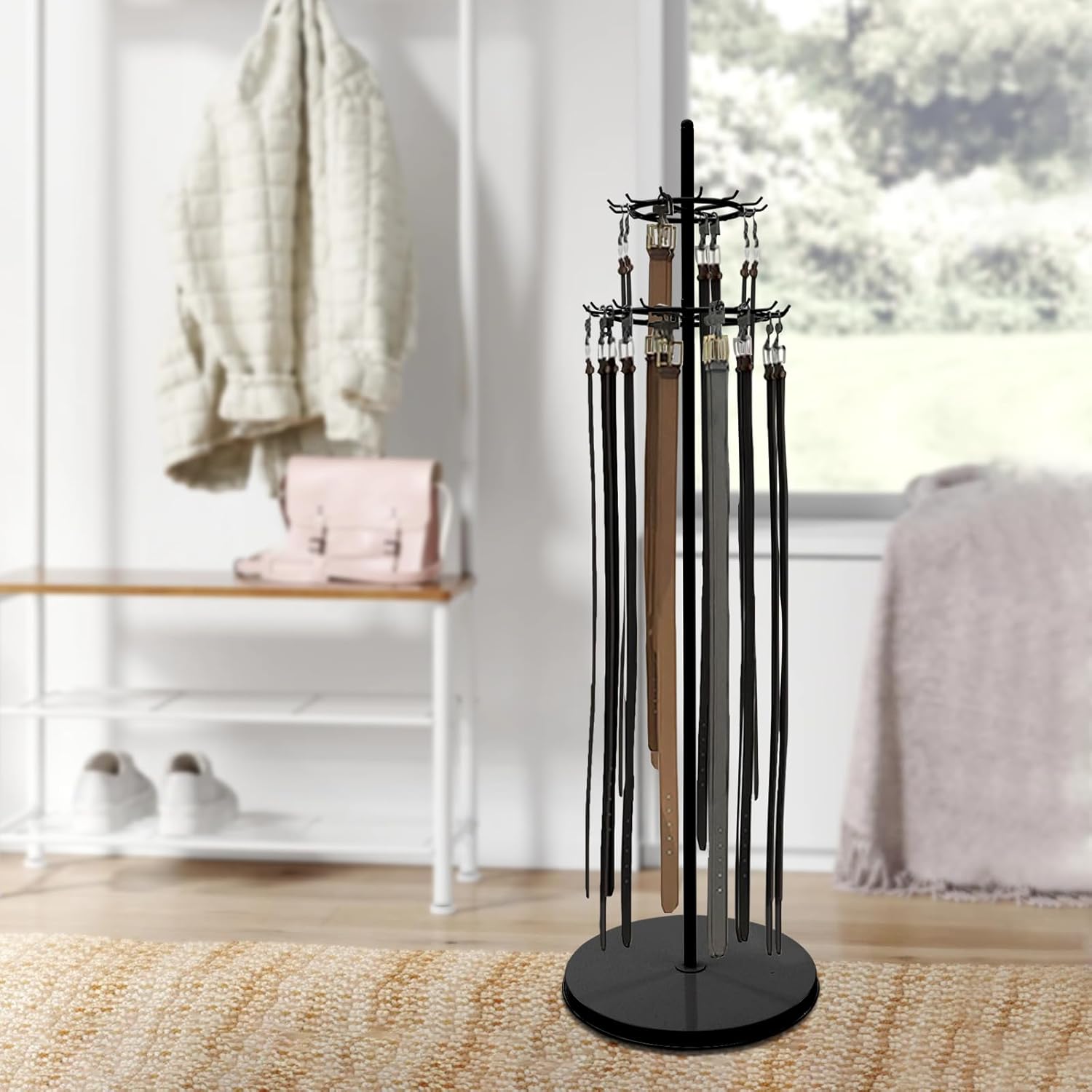 2-Tier Floor Tie & Belt Rack, 31 Hook Metal Display Stand, Adjustable Feet, 66" Height, Holds Ties, Scarves, Belts, Necklaces. Freestanding Organizer for Home, Boutiques, Retail Stores (Black, 2 Tier)