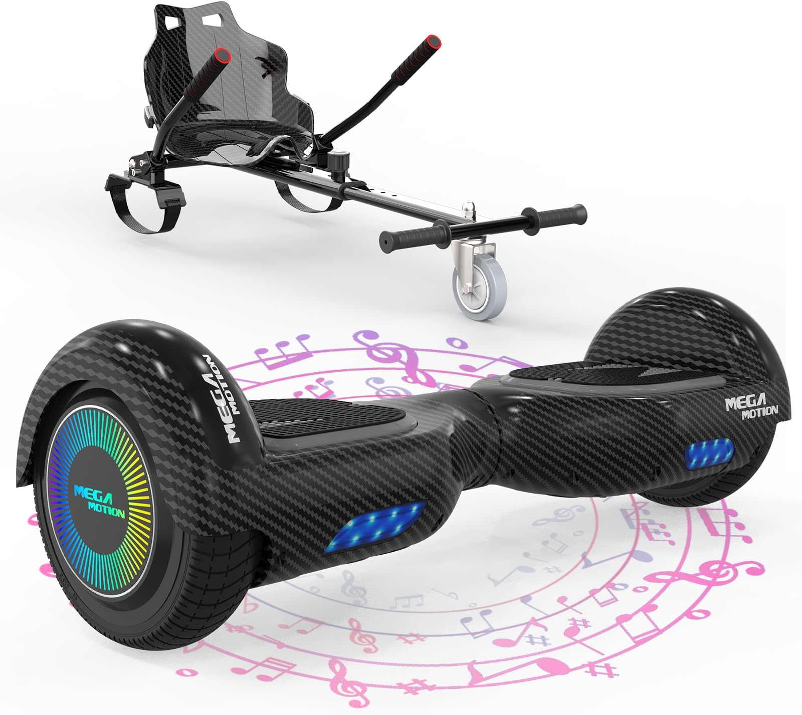 – MEGA MOTION Hoverboard Go Kart, Hoverboards with Hoverkart for kids, 6.5 Inch Two-Wheel Self Balancing Hoverboard with Bluetooth Speaker, with LED Lights, Gift for Children and Teenager