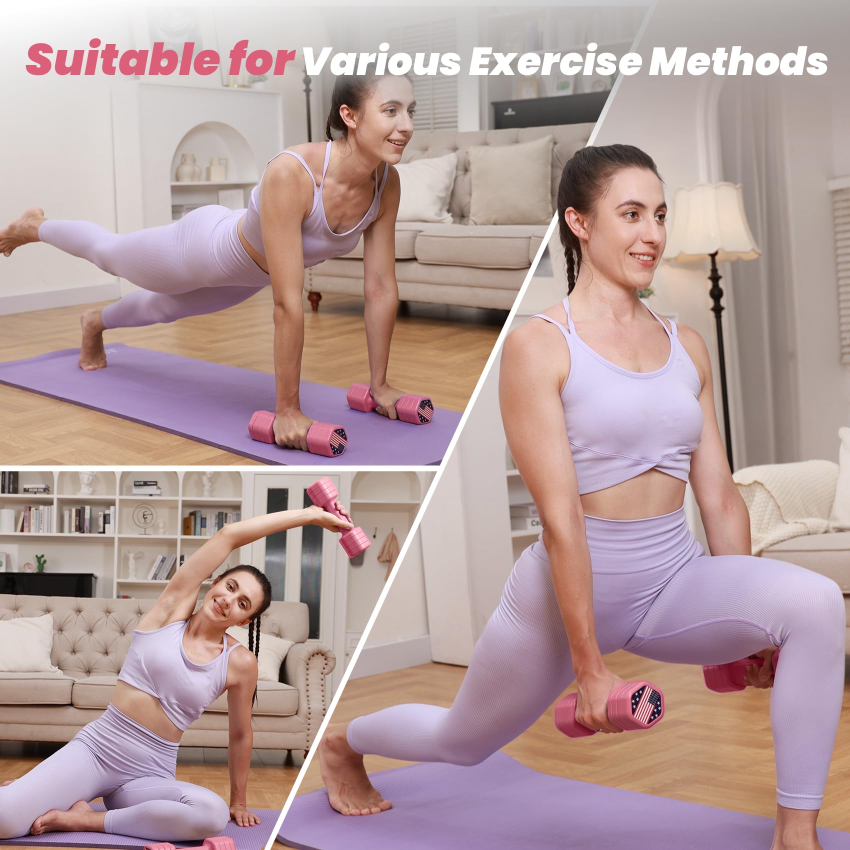 Zempox Adjustable Dumbbell Set of 2, 4 in 1 Hand Weights for Women at Home, 5 lb Weights Dumbbells set of 2, Each 2lb 3lb 4lb 5lb with TPU Soft Rubber Handle for Home Gym Exercise Training, Pink