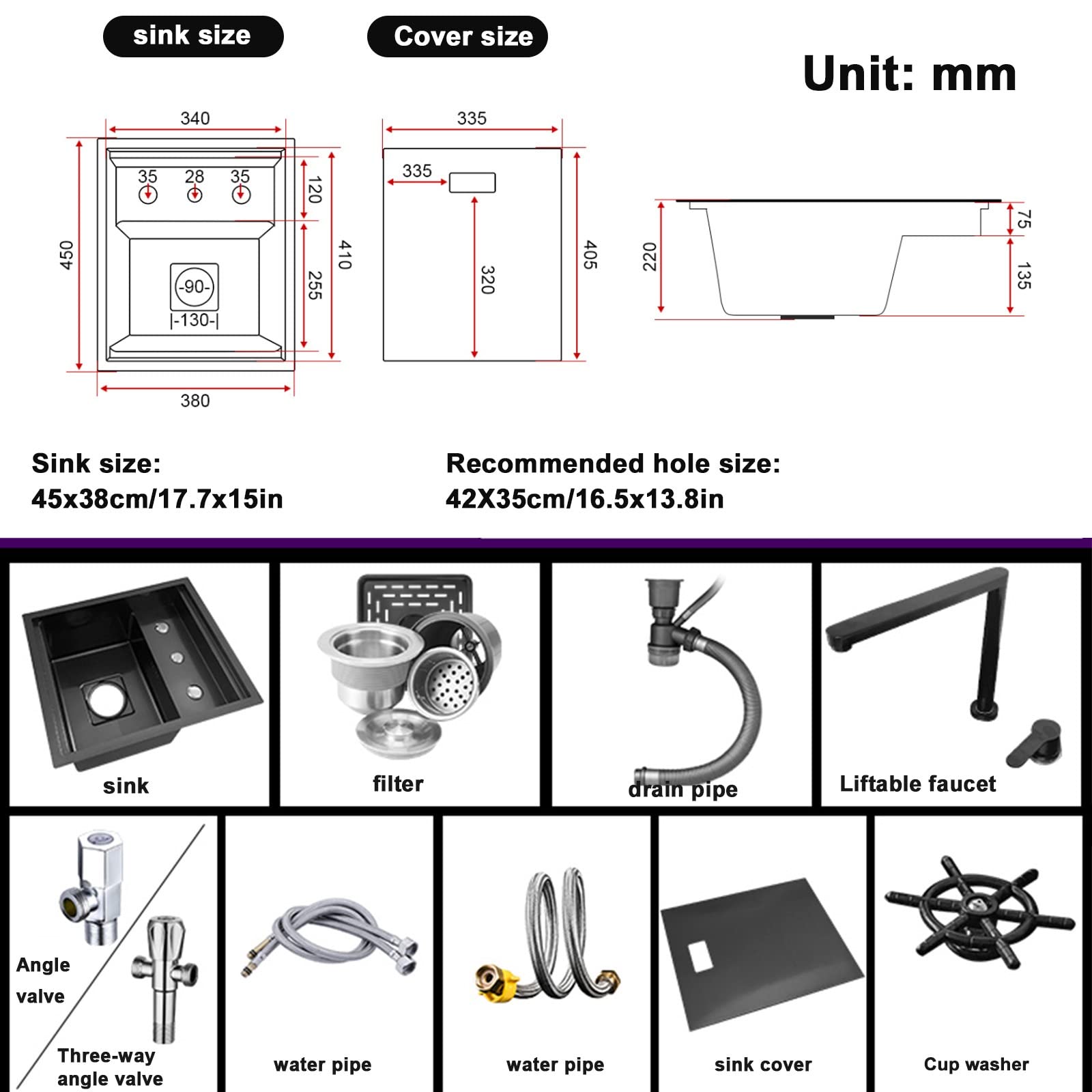 Fregadero De Cocina De Acero Inoxidable Negro Con Grifo Elevable Y Lavavasos Fregadero Oculto De Una Cubeta Para Casa Apartamento Bar Caravana Con Kit De Instalación Completo(45x38x22cm(A))