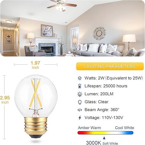 Miniatura 3 de Bombilla LED A15 regulable, bombillas de globo E26 de 2 W, equivalente a bombilla incandescente de 25 W, blanco cálido suave de 3000 K, vidrio