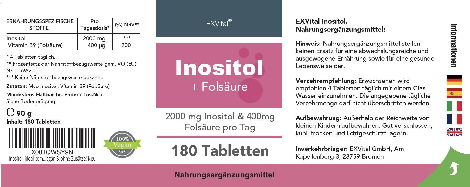 Inositol, ideal kombiniert mit Folsäure, 180 Tabletten, reines Myo-Inositol, hochdosiert: 2000 mg Inositol & 400 μg Folsäure pro Tag, vegan & ohne Zusätze! (Packung mit 2)