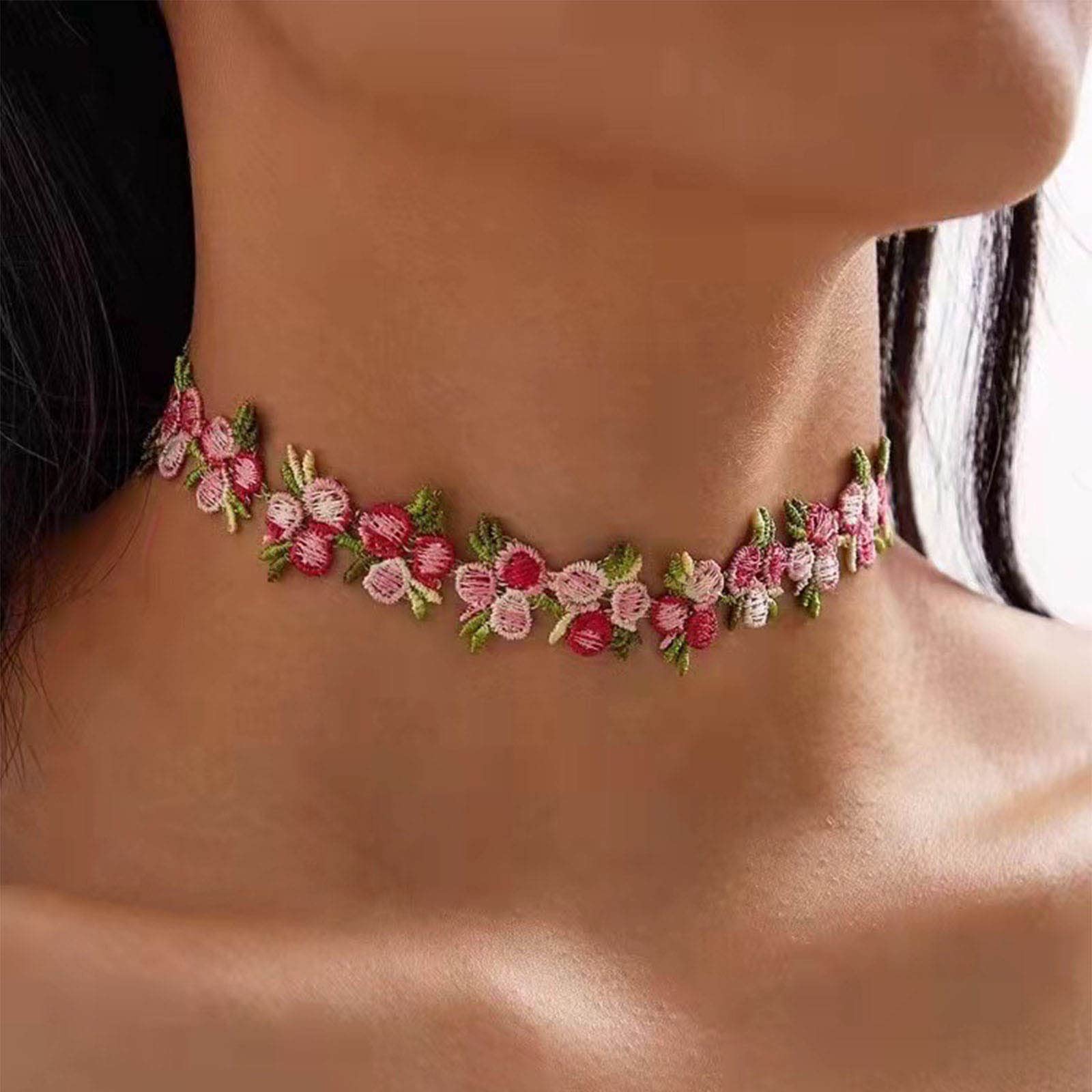 Amazon.com: Aneneiceera Boho Flower Lace Choker Necklace Pink