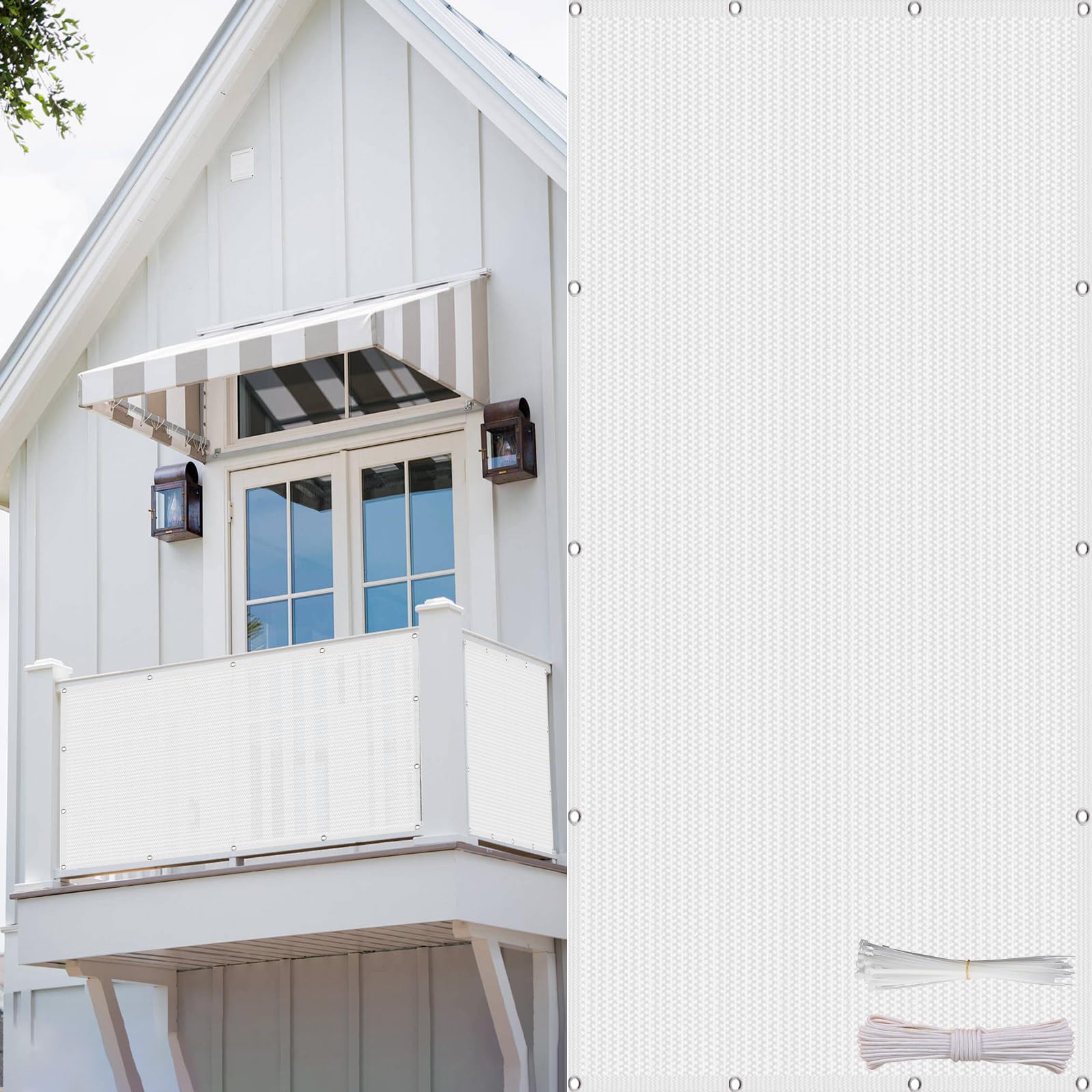 Brise-vue 140x700 cm en HDPE 220g m² blanc avec attaches pour balcon et patio