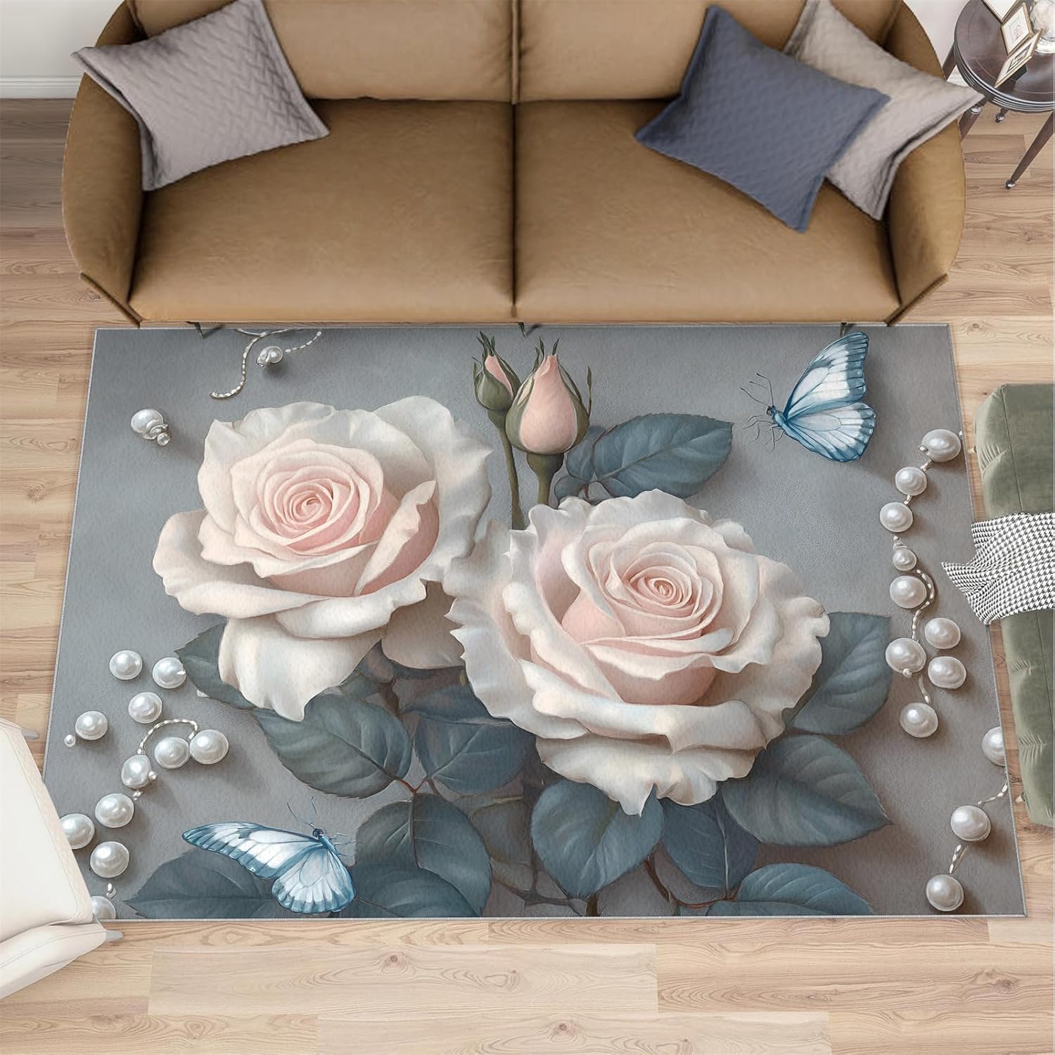 Pink Rose Area Rugs for Living Room - 3x5 Rug, Nordic Light Luxury Area Rug, Flower Washable Non Slip Rugs, Butterfly Carpet, Girls Room Carpet - Rose Home Decor & Gifts