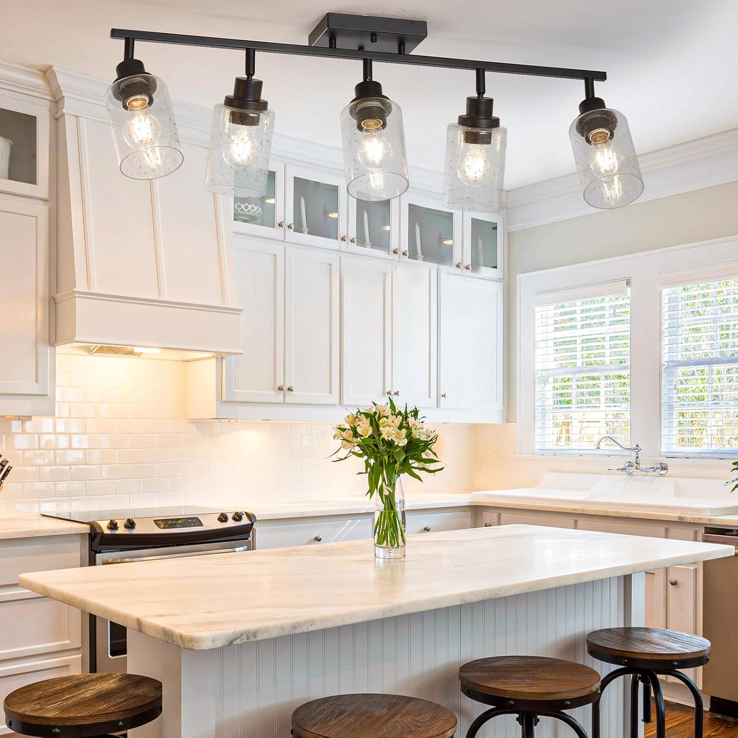 LOUSACE Flexible Track Lighting Kit, Black 5-Light Flush Mount Ceiling Spotlights with Seeded Glass, Bathroom Vanity Lighting Modern Ceiling Track Light Fixtures for Kitchen Dinning Room