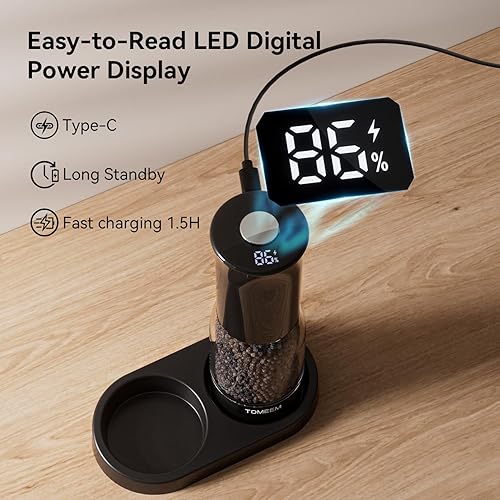 Miniatura 4 de Juego de molinillo eléctrico de sal y pimienta con pantalla de alimentación LED, ajuste de molienda de 5 niveles, fácil de llenar, juego de