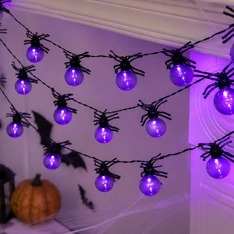 Halloween Spider String Lights, 10 LED, Purple Glow, 5.4 ft