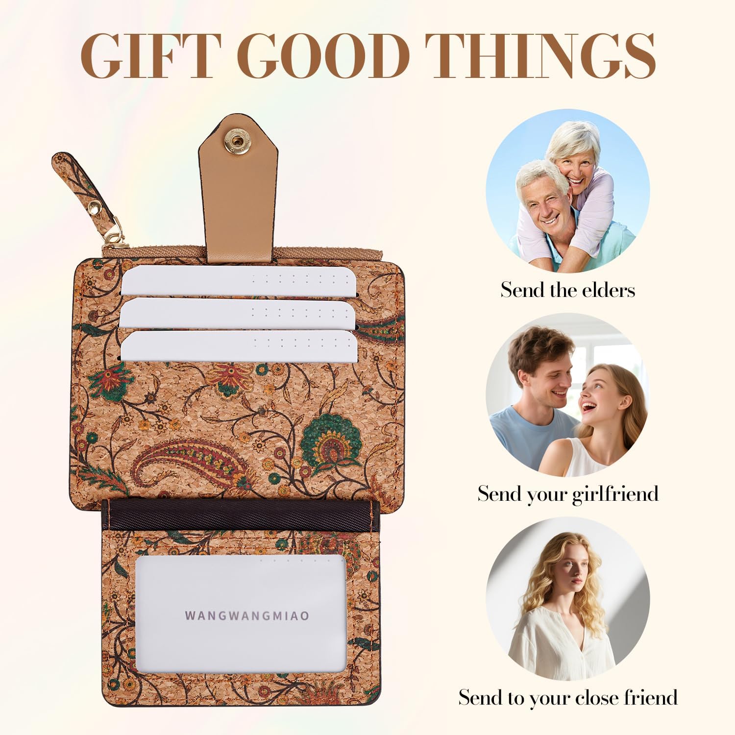 Floral Cork Card Holder Wallet, Slim Multi-Compartment Design with Zipper, 10 Card Slots, Vintage Pattern, Lightweight Money Pouch 4.7 * 3.5 Inch - Image 4