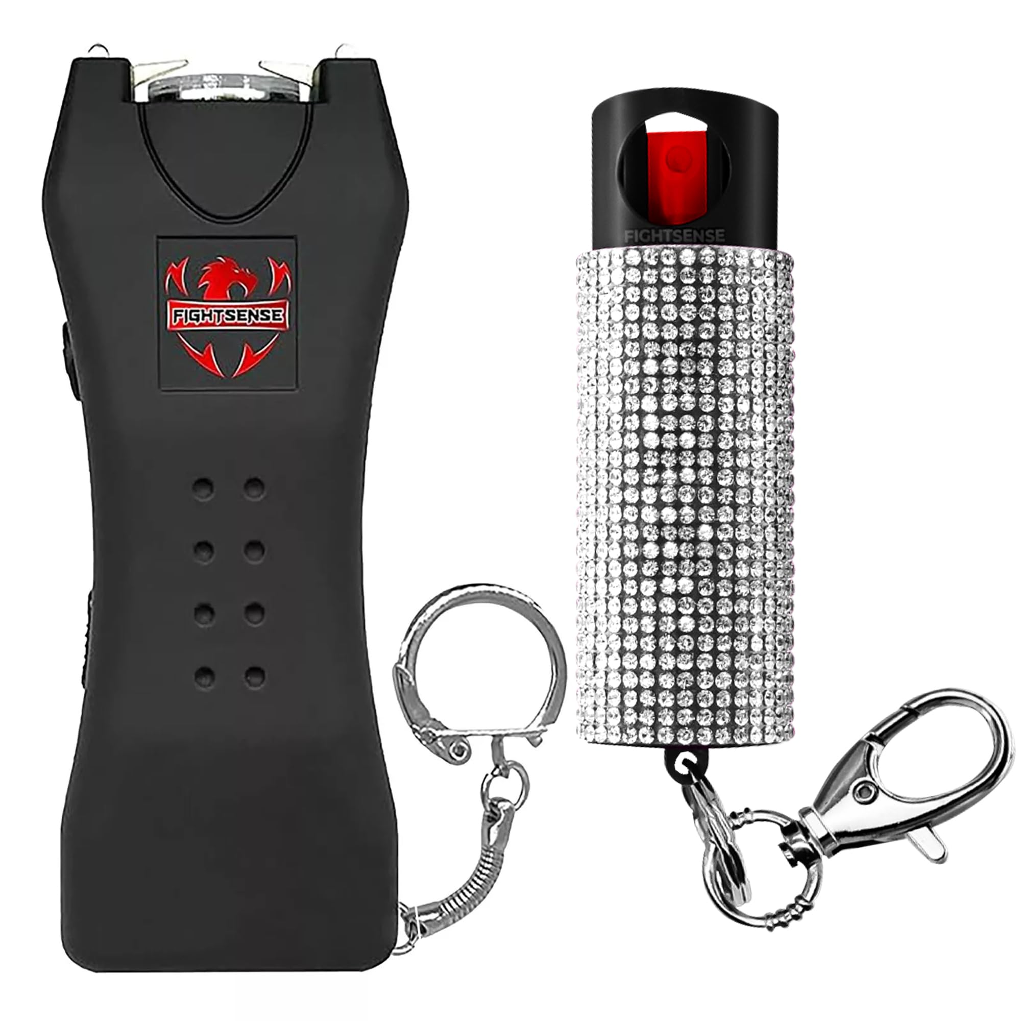 Fightense Pepper Spray and Stun Gun Flashlight, Rechargeable, Self-Defense Keychain for Women, Pepper Spray Stun Gun Combo, Personal Security Value Set, Rechargeable Flashlight, 0.5 fl oz (Black)