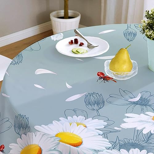 Miniatura 6 de Mantel redondo de margaritas de 60 x 60 pulgadas, mantel floral como decoración de primavera para el hogar, mantel de primavera y verano para