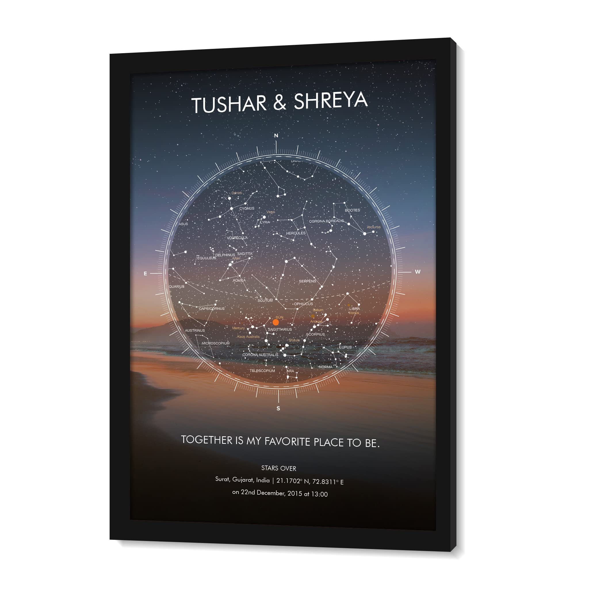 Ritwika's Personalised Constellations & Starmap Beach Backdrop With Synthetic Black Framed With Name, Message And Date, Size 9.5 X 13.5 IN, With Glass, Set of 1 (Multicolor)