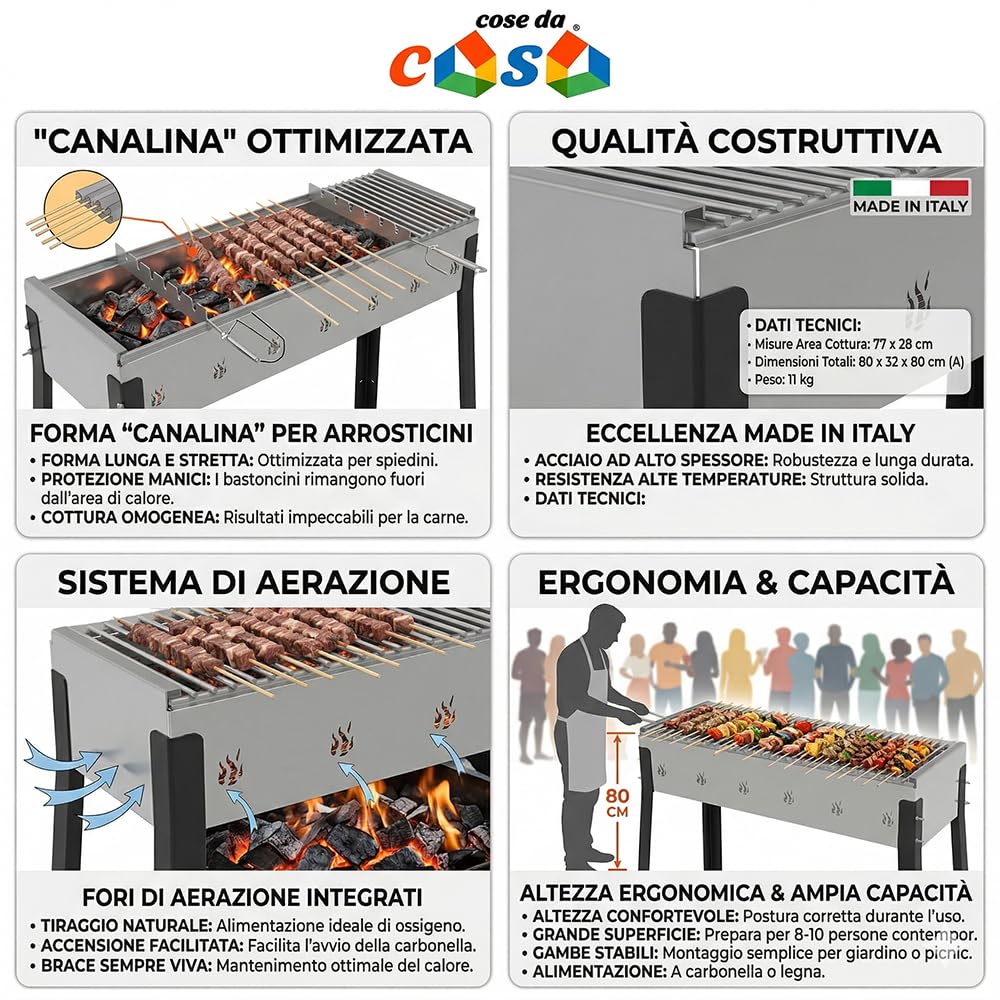 BBQ in Acciaio Braciere Cuoci Arrosticini Kebab Spiedini spilloni pesce carne con Fori di Aerazione Grande Area Cottura 77x28cm per 8-10 Persone Barbecue a Carbonella Qualita' e stile Made in Italy