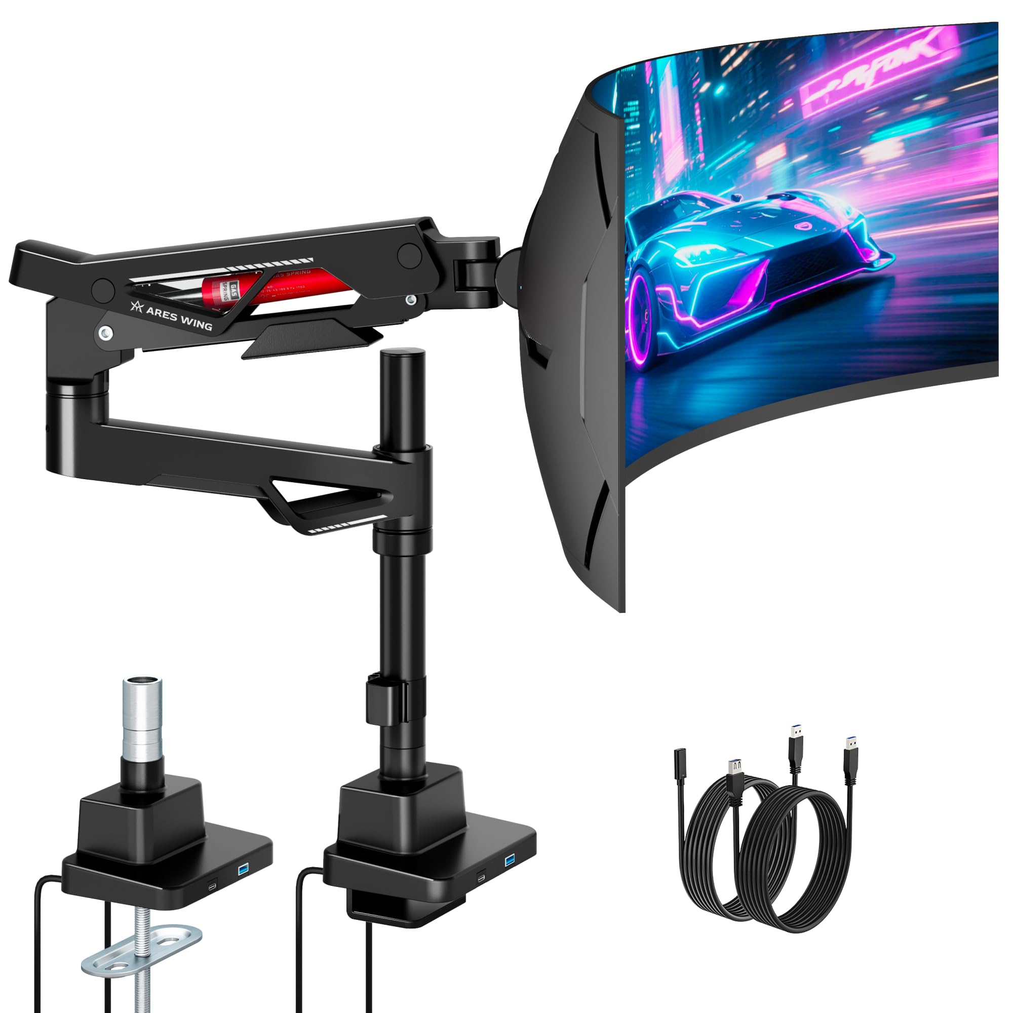 ARES WING ARES WING Heavy-Duty Gas Spring Ultrawide Monitor Arm 57"66Lbs USB VESA