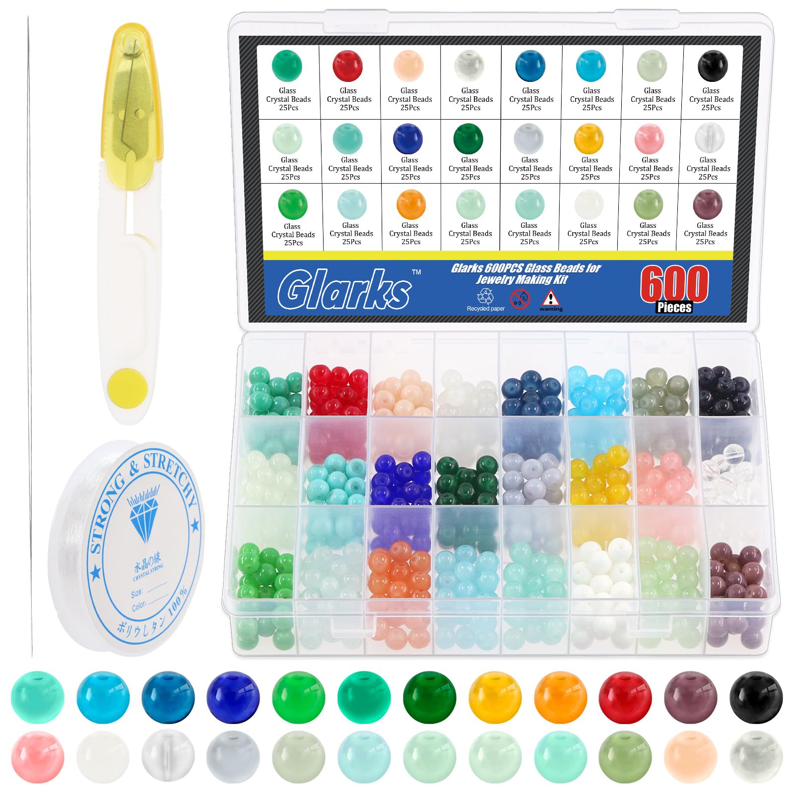 Glarks 603Pcs 8mm Glass Beads for Jewelry Making, 24 Colors DIY Gemstone Crystal Beads Kit, Round Loose Beads for Bracelet Earring Necklace Jewelry Making Supplies