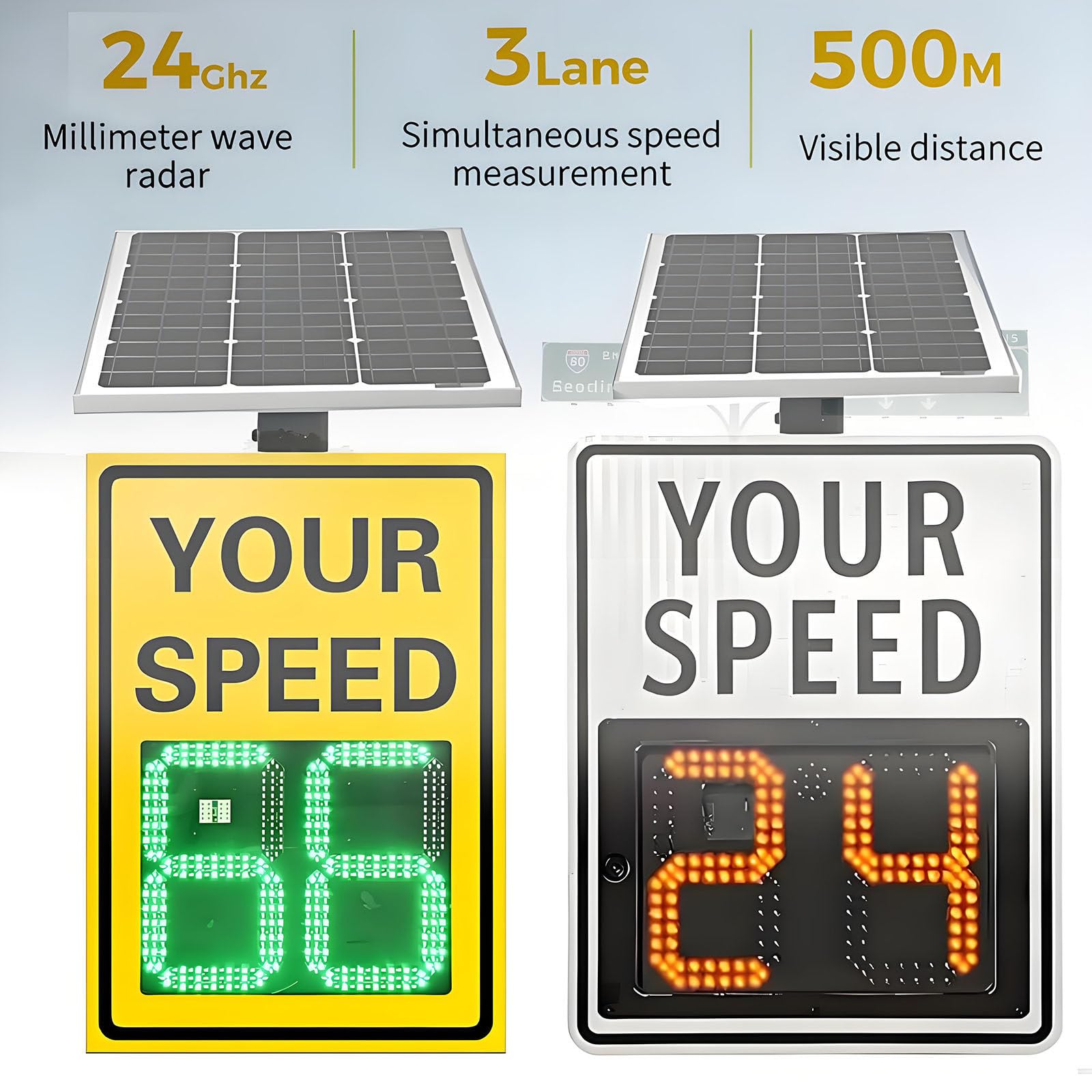Señal de límite de velocidad de radar alimentada por energía solar con pantalla LED de retroalimentación para seguridad del tráfico y conciencia de velocidad