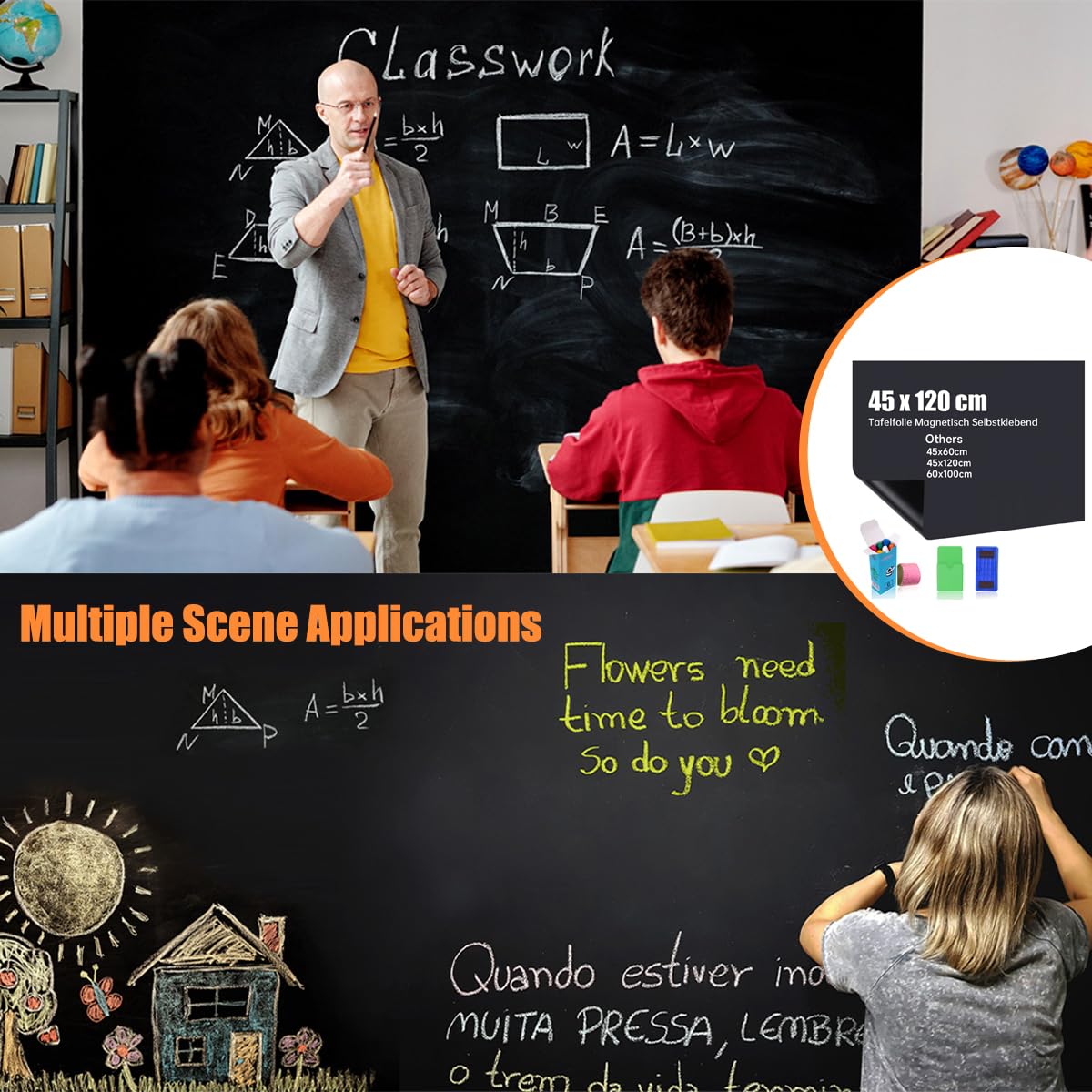 Tafelfolie Magnetisch Selbstklebend, 45x120cm Kreidetafel Magnetisch, Magnettafel Selbstklebend DIY, Inklusive staubfreier Kreide und Schwamm, Wandfolie für glatten Oberflächen in Schule Büro Haus