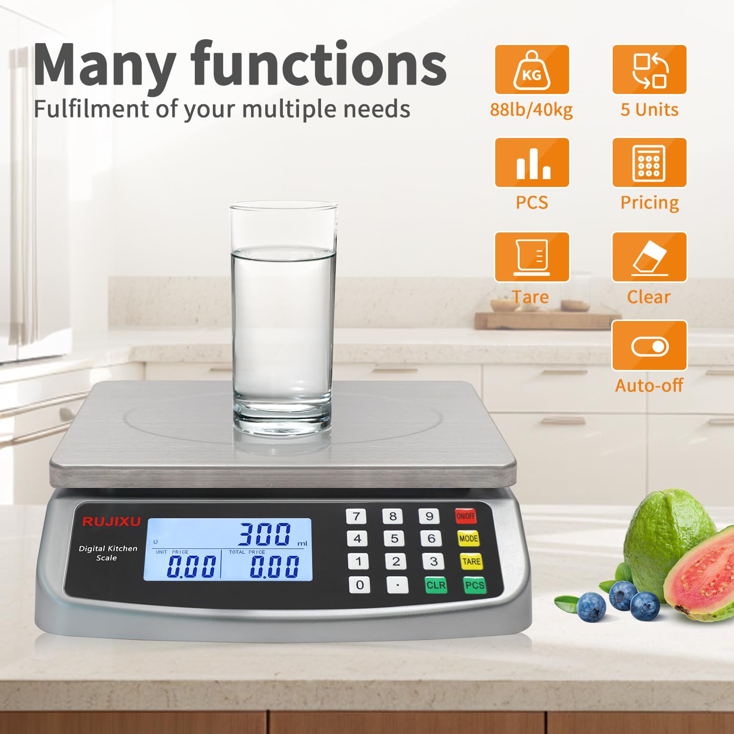 Báscula digital grande de cocina de 88 lb/40 kg, escala de 0.05 oz/1 g con escala comercial de cálculo de precios, báscula de gramos de acero inoxidable 304 para hornear, cocinar carne, restaurante